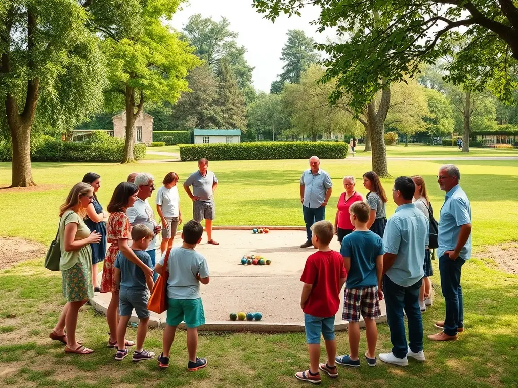 A scenic image of a pétanque court with people laughing and enjoying themselves, emphasizing the social and recreational aspects of the sport.