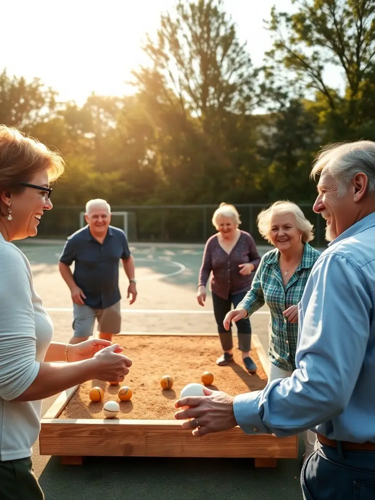 A diverse group of adults participating in a pétanque tournament, showcasing the competitive and social aspects of the sport.