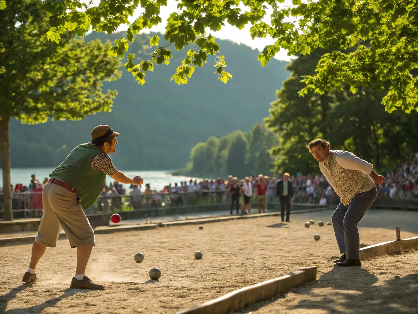 An image of a friendly pétanque tournament in progress, with participants of different ages and backgrounds competing and cheering each other on. The image should highlight the competitive yet supportive atmosphere of the tournaments.