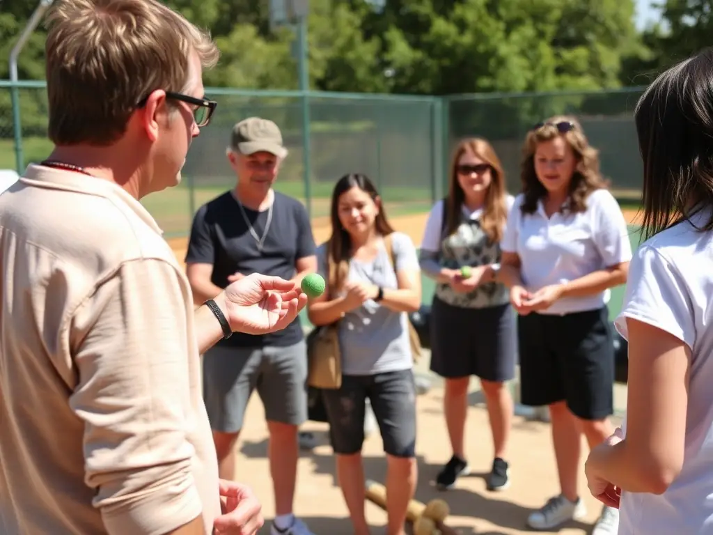 A photograph of a pétanque coaching session, with an experienced player providing guidance and tips to a beginner. The image should emphasize the learning and development aspects of the special events.