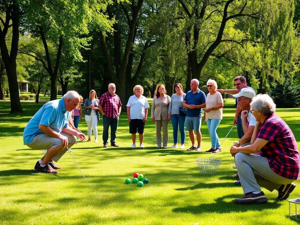 A vibrant image of a diverse group of people playing pétanque in a park, showcasing the social and inclusive nature of the activity. The scene should convey a sense of community and enjoyment.