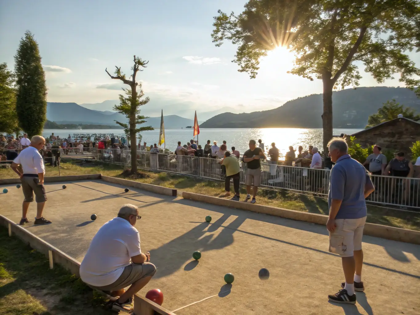 A lively pétanque tournament in progress, with participants of varying ages and skill levels competing in a friendly and supportive atmosphere.